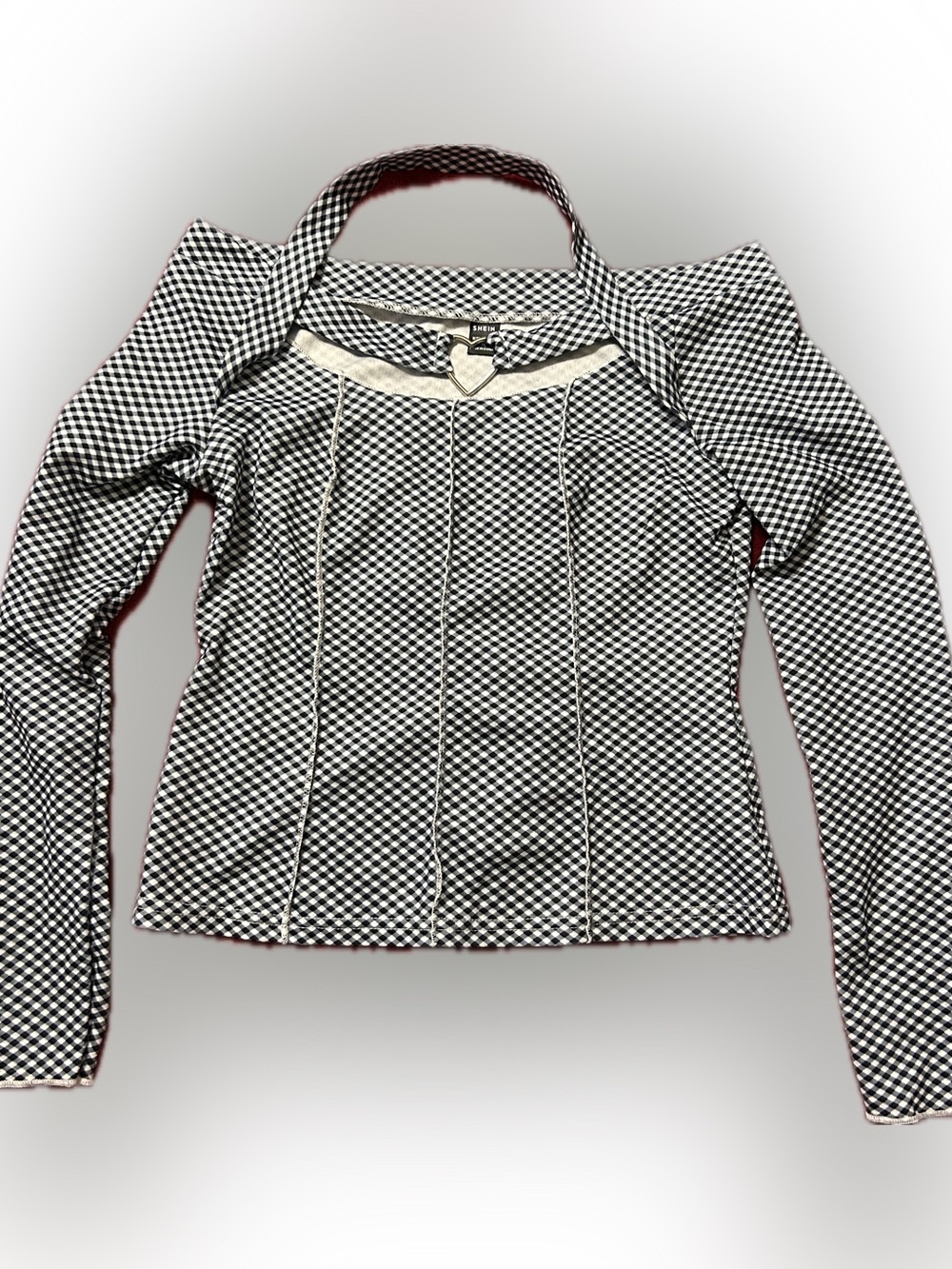 Black & White Checked Long Sleeve Halter Top